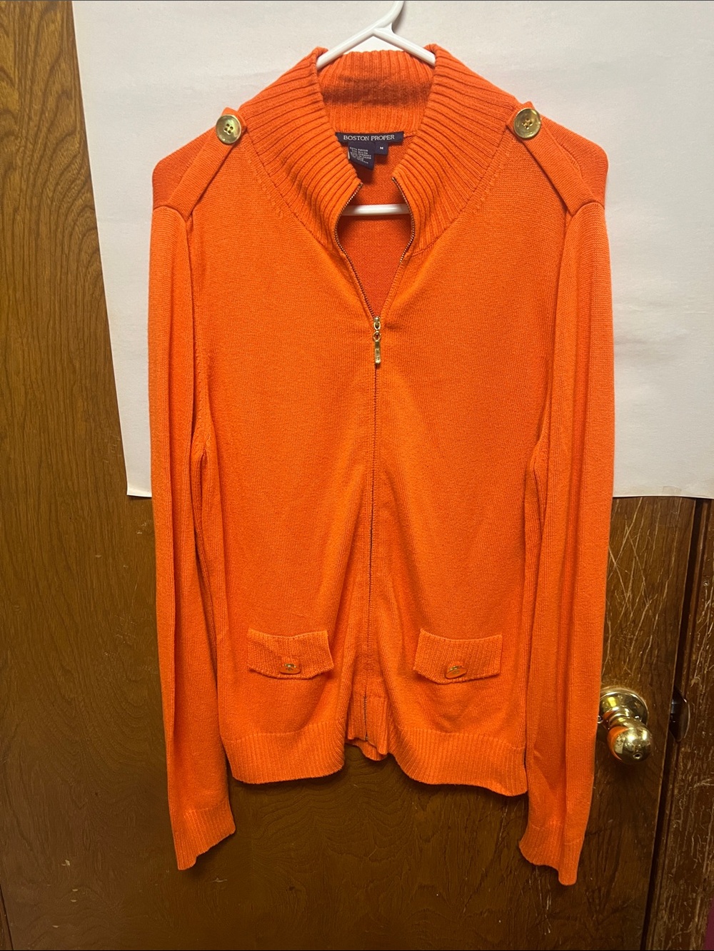 Boston Proper Orange Zip-Up Knit Jacket with Gold Buttons